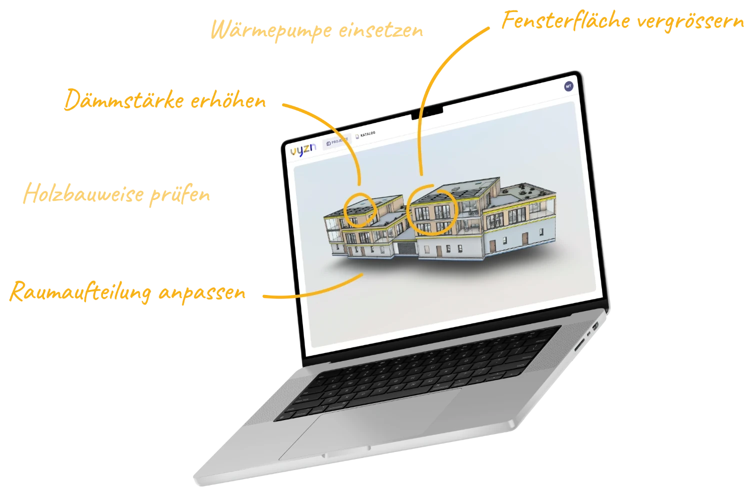 3D-Gebäudemodell in der vyzn-Plattform mit Optimierungsvorschlägen: Wärmepumpe einsetzen, Dämmstärke erhöhen, Fensterfläche vergrössern, Holzbauweise prüfen, Raumaufteilung anpassen