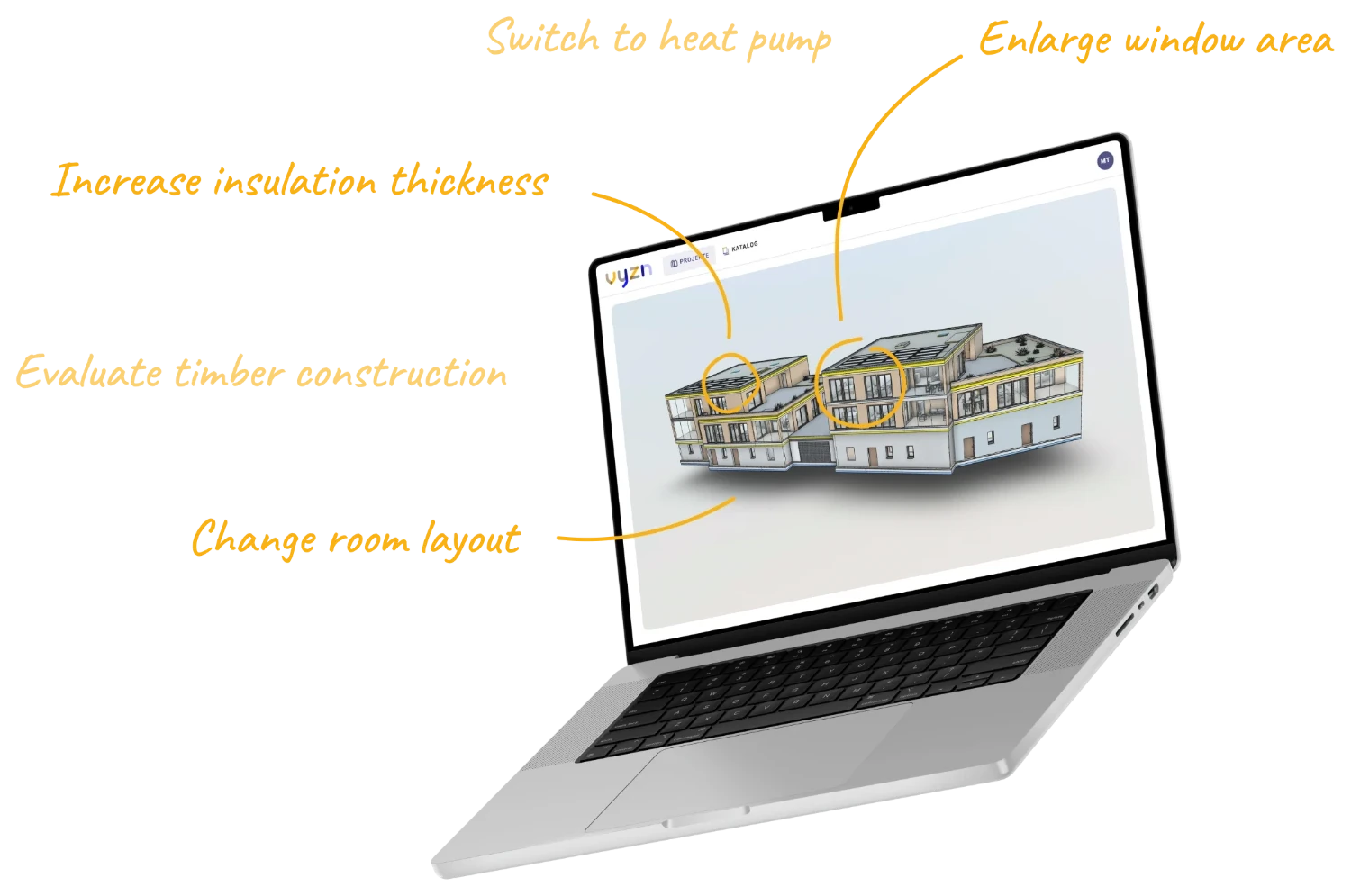 3D building model in the vyzn platform with optimization suggestions: switch to heat pump, increase insulation thickness, enlarge window area, evaluate timber construction, change room layout